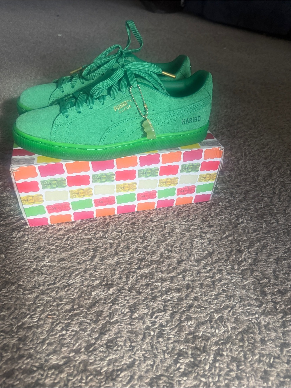 Puma Kids Suede Sneakers in Bright Green with Gold Accents Haribo Collaboration